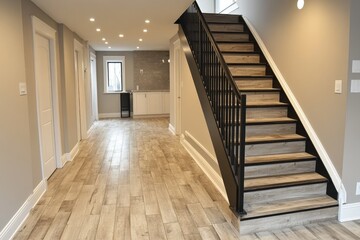 Fototapeta premium Modern, neutral-toned interior stairway and hallway.