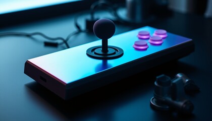 Stylized Vintage Joystick with Neon Lighting in Dark Studio Setting