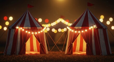 Charming circus tents illuminated at night with colorful bokeh lights