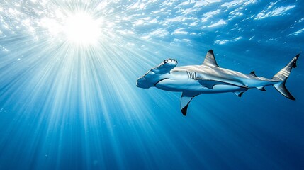 Fototapeta premium Underwater Shark. Sunlight beams through water