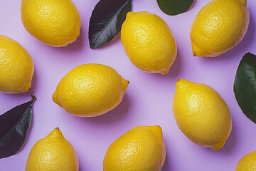 Fresh lemons and leaves creating a vibrant pattern on a purple background