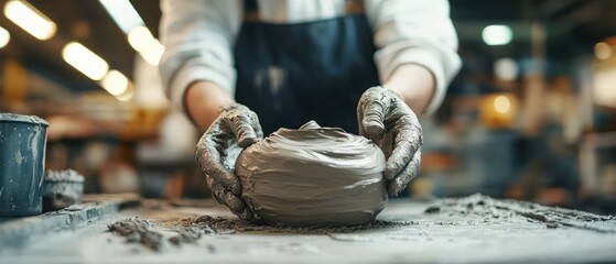 Artisan shapes clay with hands, demonstrating dedication in workshop environment.
