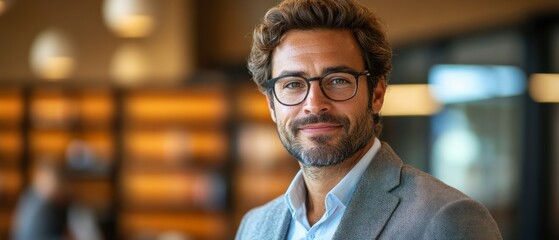 Obraz premium Man smiles confidently wearing eyeglasses, presenting professional image in grey suit jacket.