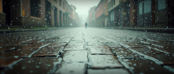 Rainy street scene on wet pavement of urban ambience