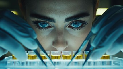 Focused scientist examines liquid samples in a lab