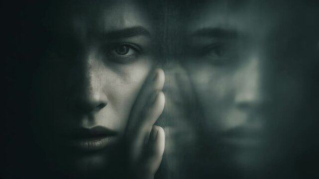 
A hauntingly beautiful image depicting a ghostly reflection in a darkened environment, symbolizing a soul grappling with the shadows of past trauma and emotional turmoil.
