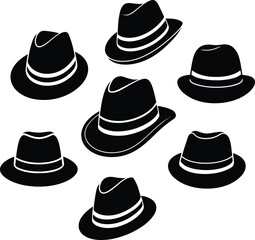 Fedora hat vector set - 7 classic silhouettes, EPS JPEG PNG