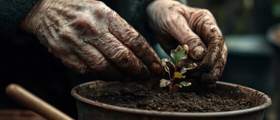 Elderly gardener plants oak sapling, using dirty hands filled with potting soil, showing tender care.