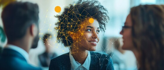 African American businesswoman engages in networking with colleagues, enhanced by digital connectivity illustrating artificial intelligence.