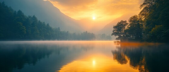 Lake reflects mountains and trees during sunrise, creating a peaceful, misty landscape.