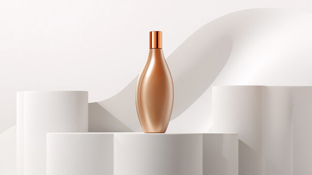 Beige helmet-shaped shampoo bottle with copper cap floating on white background