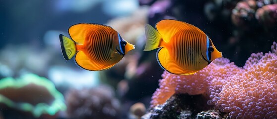 Obraz premium Butterflyfish swim gracefully among coral, displaying vibrant orange hues and intricate patterns.