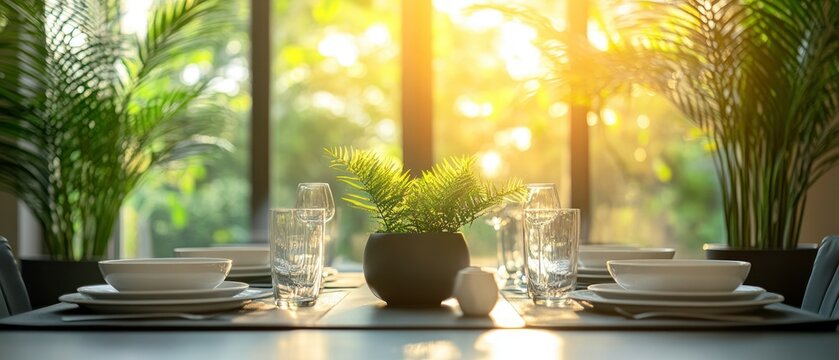 Formal table setting features porcelain plates crystal glassware and potted fern awaiting guests in bright sunny dining room.