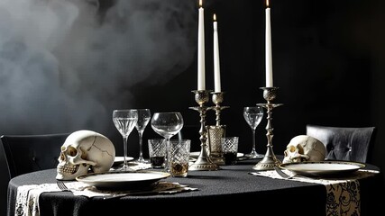 Spooky dinner setup with skulls and candles against dark background  
