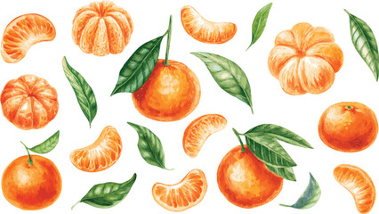 Vector collection of watercolor painted tangerine illustrations