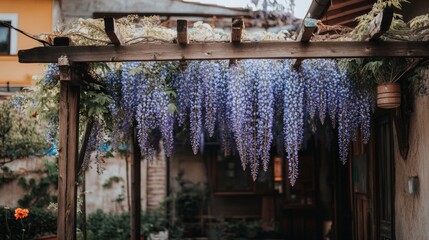 Purple Wisteria Blooming on Wooden Pergola in Garden