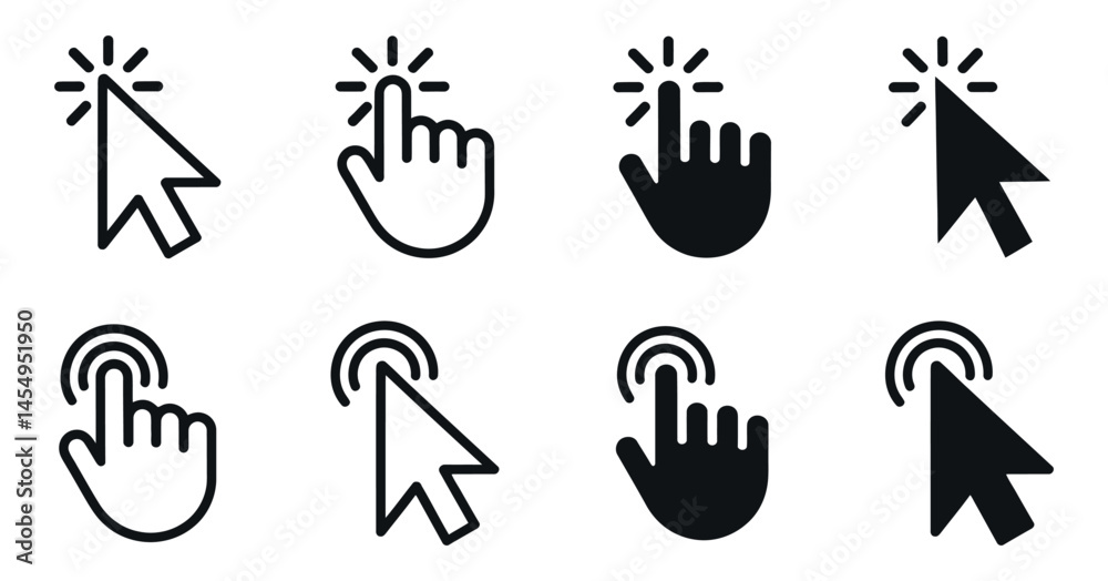 Poster collection of cursor and hand click icons for website and app design