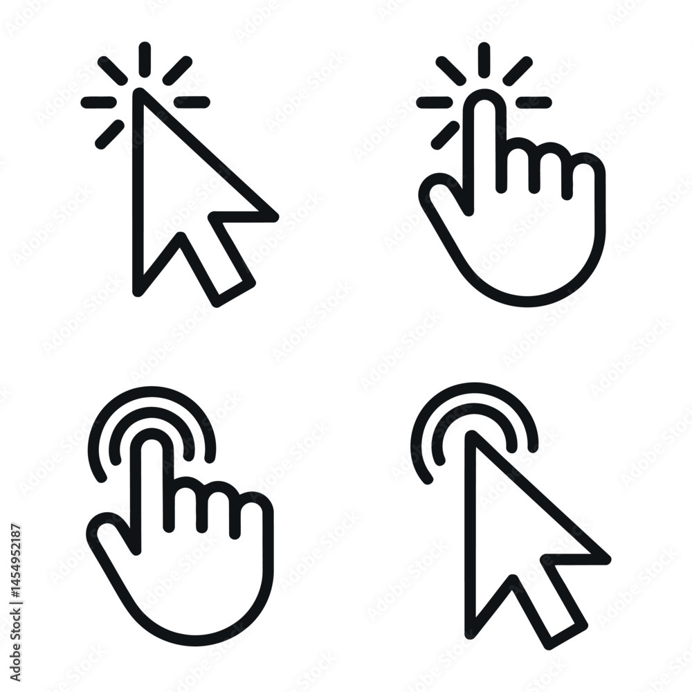 Poster collection of four click cursor icons hand and pointer line art
