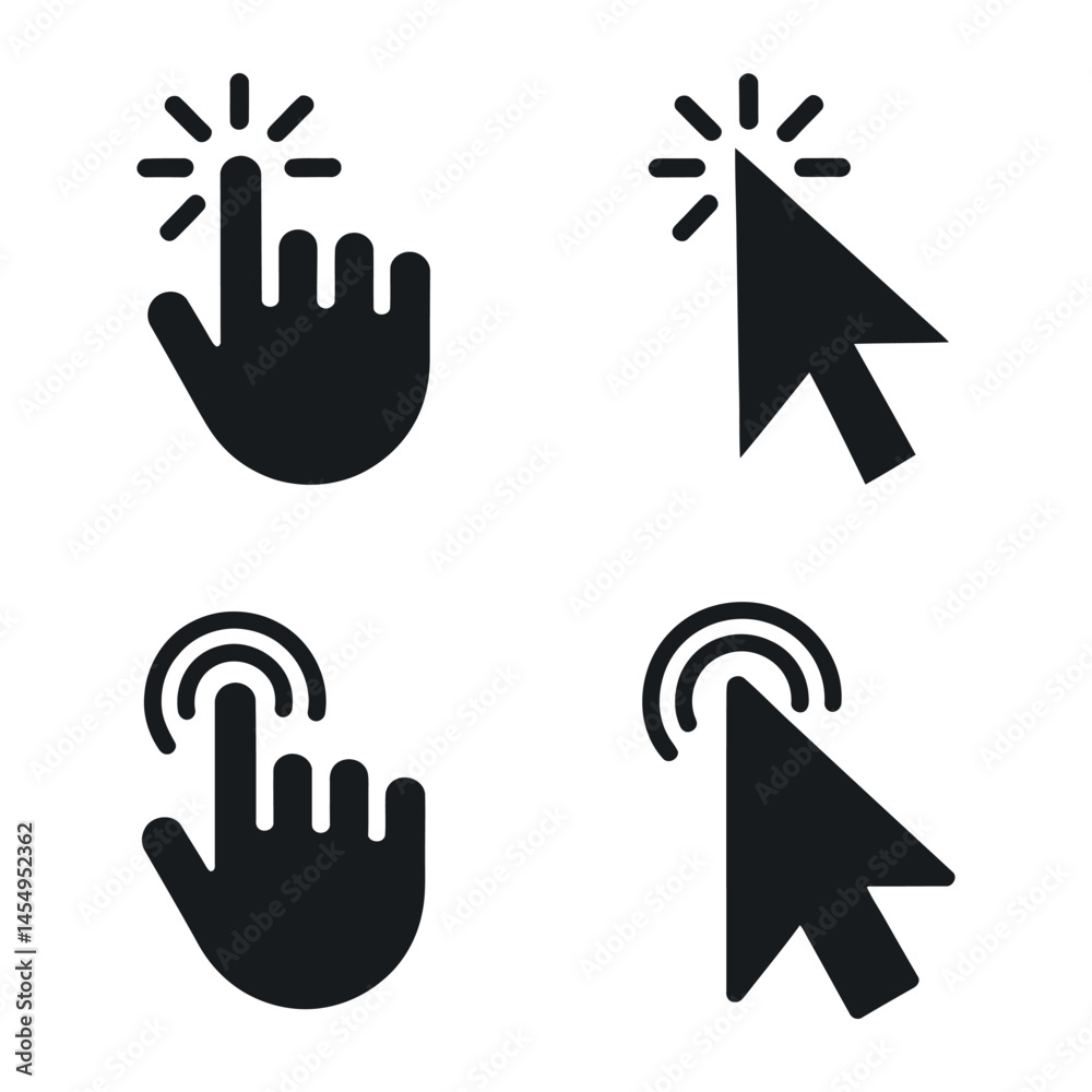 Poster collection of four click cursor icons hand and pointer for digital interface