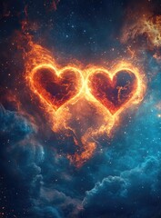 Two fiery hearts float amidst a cosmic nebula.  Burning hearts, celestial clouds, and starry background create a romantic, passionate scene
