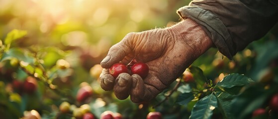 Elderly farmworker holds ripe coffee cherries, demonstrating agricultural labor and sustainable practices under warm sunlight.