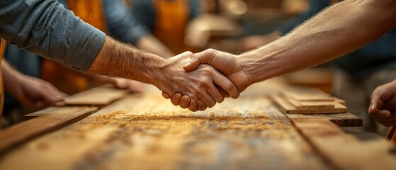 Carpenter hands close business deal exchanging handshake over wooden planks covered in sawdust, highlighting collaboration, partnership, craftsmanship.