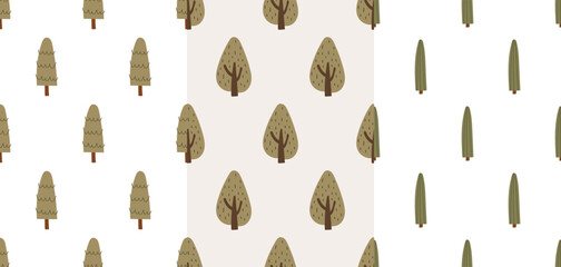 Set of three seamless patterns with hand drawn trees in doodle style. Minimal forest designs featuring different shapes in neutral tones. Vector illustration on an isolated background.