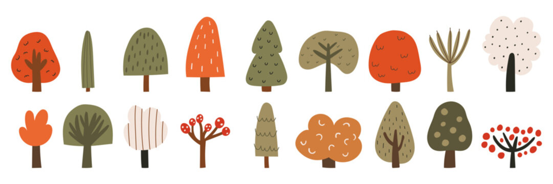 Set of eighteen simple autumn trees in hand drawn doodle style. Flat forest elements with naive shapes and seasonal colors. Vector illustration on an isolated background.