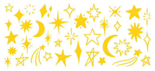 Crayon Star and Moon Doodle Set in Hand-Drawn Style. Includes Spark Yellow Stars