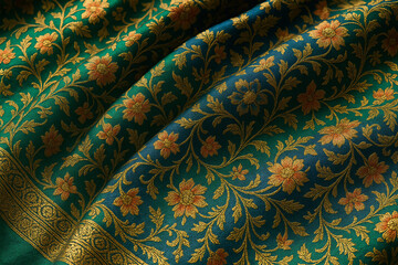 Luxurious South Asian handwoven fabric with floral embroidery and gold zari work. Draped in folds, featuring emerald green, deep blue, and gold tones. Perfect for ethnic or textile design use