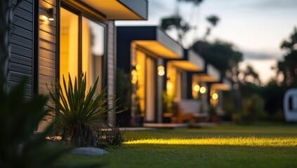 Obraz premium Evening Serenity: Modern Cabins Illuminated at Dusk