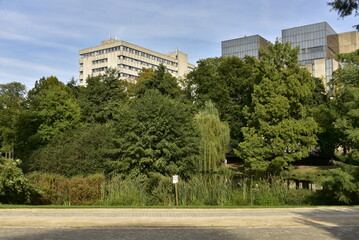 Immeubles modernes dépassant la cime des arbres du parc Léopold à Bruxelles 