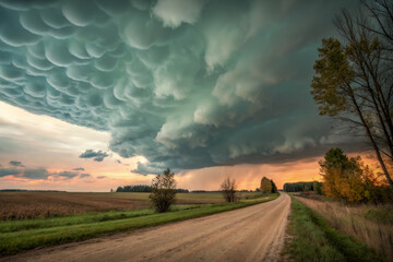 Weather conditions in the form of beautiful Mammatus clouds above field