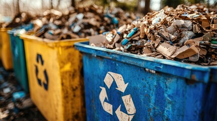 Overflowing recycling bins filled with mixed waste