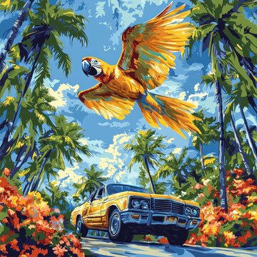 Parrot Flying Over Classic Yellow Car on Tropical Palm Lined Road