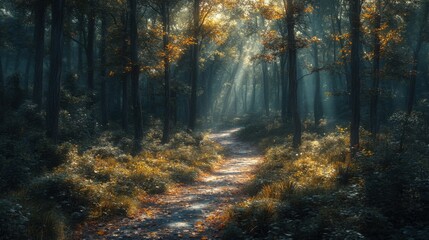 Fototapeta premium Enchanting Sunlit Path Through Mystical Autumn Forest Nature Trail Fall Foliage Sunlight Beams