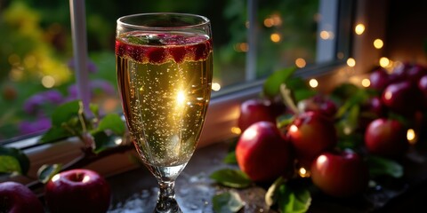Sparkling drink with fresh raspberries and apples in a cozy setting at sunset