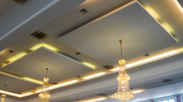 Elegant ceiling design with recessed lighting and crystal chandeliers indoors