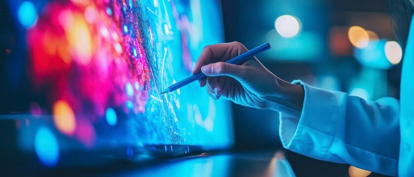 Woman touches interactive screen with pen, demonstrating digital innovation in advanced technological environment.