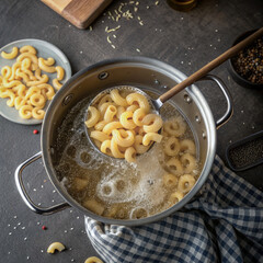 The process of draining macaroni as part of the pasta preparation