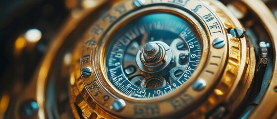 Obraz premium Golden astrolabe displays intricate gearworks, calibrated dial showcasing precision engineering.