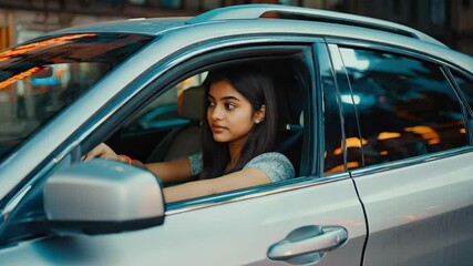 Young woman sitting in car behind the wheel on urban street, looking ahead, holding hands on steering wheel, driving safe
