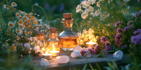 Fototapeta premium Floral Elixir Image, Healing Crystals Products, Bohemian Style Oils, Aromatherapy Candles Still Life, Magical Theme, Botanical Product