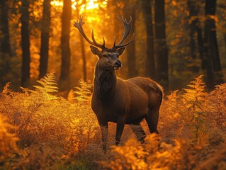 Majestic deer in golden autumn forest sunlight.