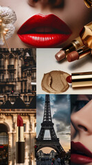 Composition visuelle collage sur le th&egrave;me beaut&eacute; et Paris avec rouge &agrave; l&egrave;vres rouge, l&egrave;vres maquill&eacute;es, b&acirc;tons de rouge &agrave; l&egrave;vres, empreinte de maquillage, architecture parisienne et tour Eiffel
