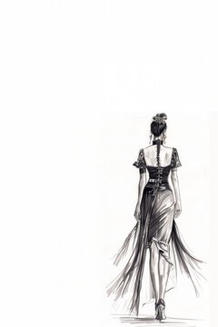 Croquis de mode d&rsquo;une femme de dos en robe longue &eacute;l&eacute;gante, illustration au fusain noir et blanc, style esquisse artistique avec ligne dynamique et composition minimaliste avec espace n&eacute;gatif copyspac