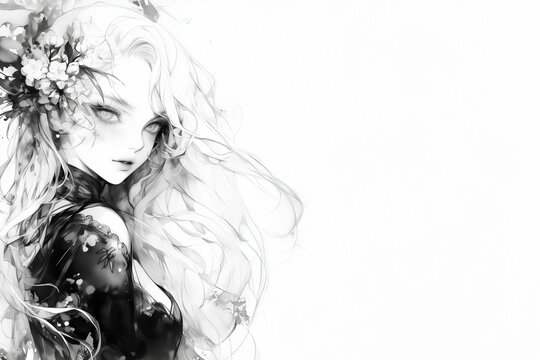 Portrait artistique au fusain en noir et blanc d'une jeune femme de trois quarts avec cheveux longs ondul&eacute;s, fleurs dans les cheveux, regard expressif, style manga ou anime, illustration avec espace n