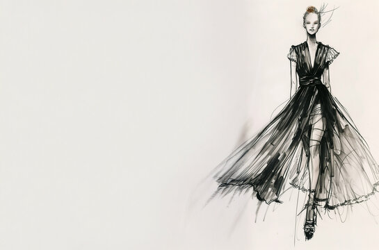 Croquis de mode d&rsquo;une femme en robe longue fluide au trait noir sur fond clair, esquisse &eacute;l&eacute;gante de silhouette f&eacute;minine, concept cr&eacute;atif de haute couture avec espace n&eacute;gatif copyspace