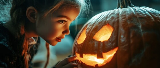 Naklejka premium Young girl examines jack-o'-lantern with fascination, illuminated by warm festive glow during Halloween.