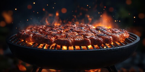 Grilling juicy steaks over open flames during summer barbecue at night